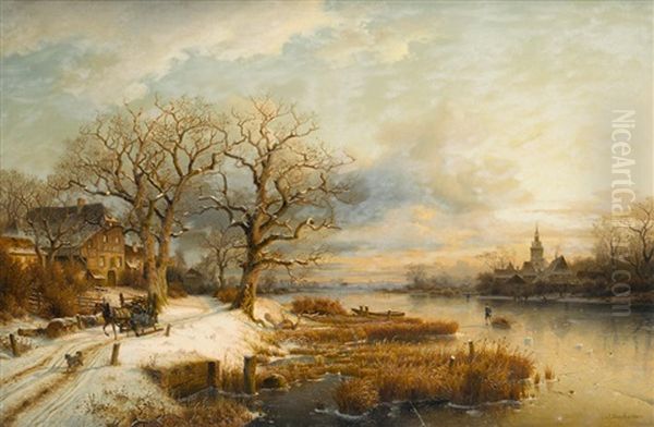 A Winter Landscape With Frozen River Oil Painting by Johannes Bartholomaeus Duntze