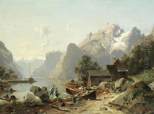 A Mountain Lake Oil Painting by Johannes Bartholomaeus Duntze