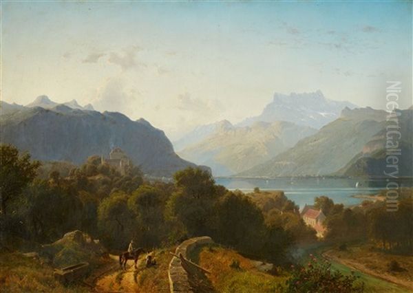 View Of Lake Geneva Oil Painting by Johannes Bartholomaeus Duntze