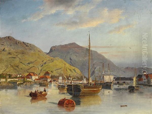 Harbour View Of Bergen In Norway Oil Painting by Johannes Bartholomaeus Duntze