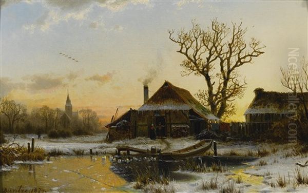 A Winter Twilight Oil Painting by Johannes Bartholomaeus Duntze