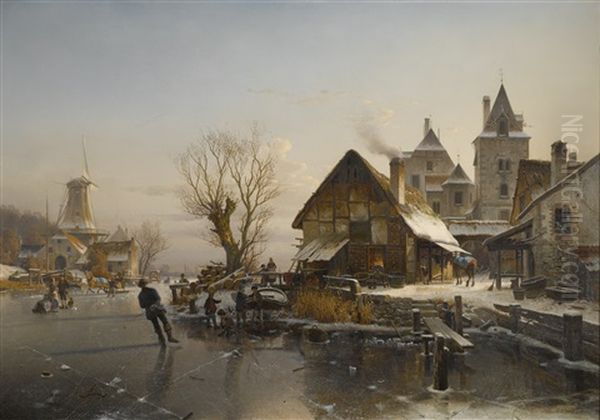 Skaters On The Canal Oil Painting by Johannes Bartholomaeus Duntze