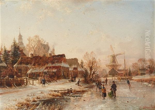 Winterszene Mit Schlittschuhlaufern Auf Einem Zugefrorenen Fluss Oil Painting by Johannes Bartholomaeus Duntze