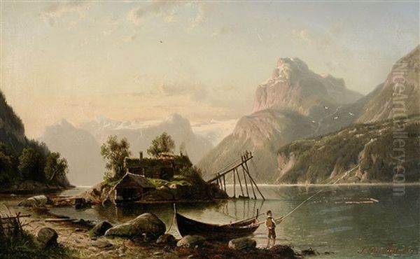 Norwegischer Fjord Mit Angler Oil Painting by Johannes Bartholomaeus Duntze