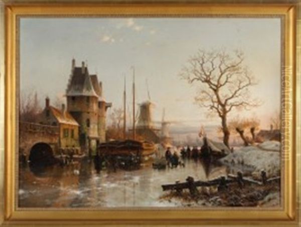 Nachmittagsstimmung Uber Belebtem Kanal Im Winter Oil Painting by Johannes Bartholomaeus Duntze