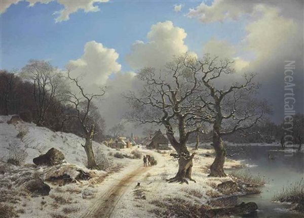 A Frozen Winter Landscape Oil Painting by Johannes Bartholomaeus Duntze