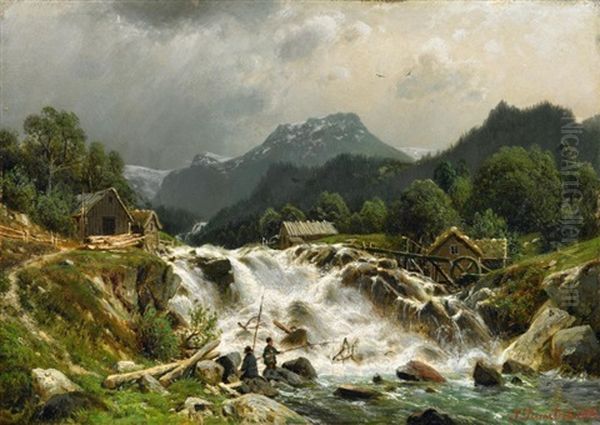 Muhlen An Einem Wasserfall Im Gebirge by Johannes Bartholomaeus Duntze