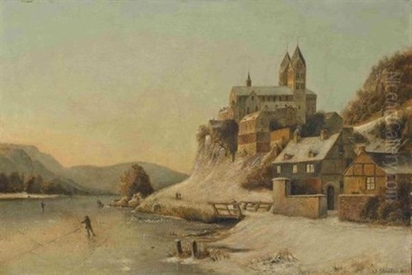 Blick Auf Das Winterliche Dietkirchen An Der Lahn Oil Painting by Johannes Bartholomaeus Duntze