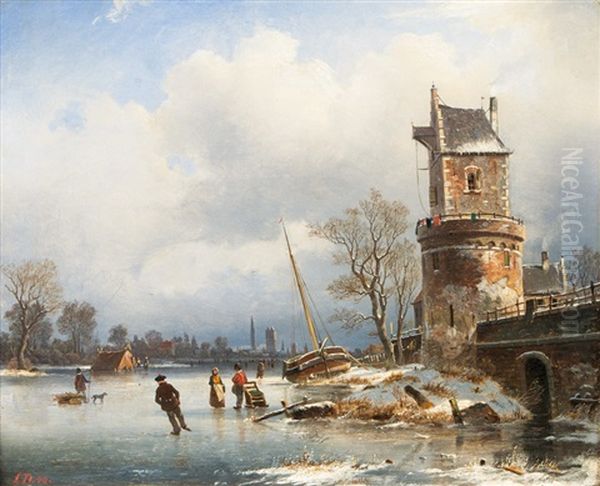 Frozen River With Panoramic View Of A Town Oil Painting by Johannes Bartholomaeus Duntze