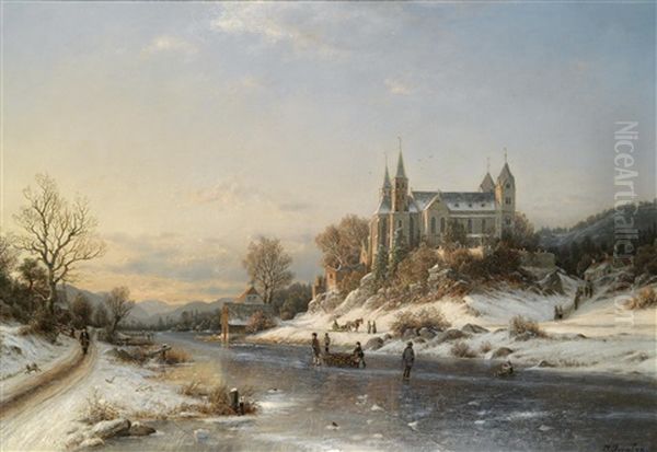 Wintervergnugen, Im Hintergrund Die Abtei Carlstein An Der Lahn Oil Painting by Johannes Bartholomaeus Duntze