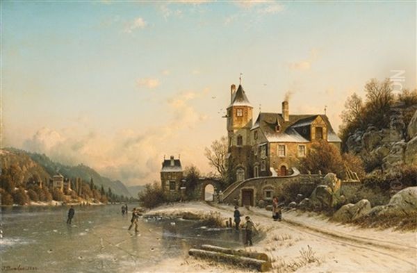 Winter Landscape With Frozen River Oil Painting by Johannes Bartholomaeus Duntze