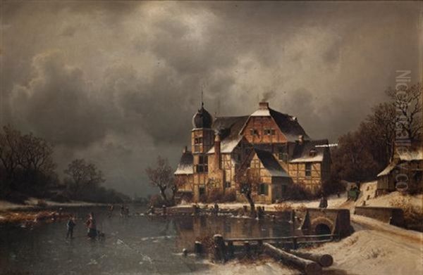 Scene D'hiver Sur Un Canal Gele Oil Painting by Johannes Bartholomaeus Duntze