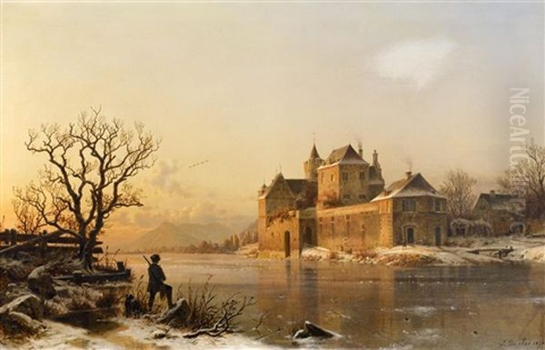 Schlos Am Winterlichen Flus Oil Painting by Johannes Bartholomaeus Duntze