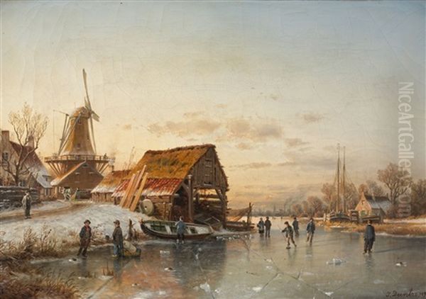 Winter Landscape With Skaters Oil Painting by Johannes Bartholomaeus Duntze