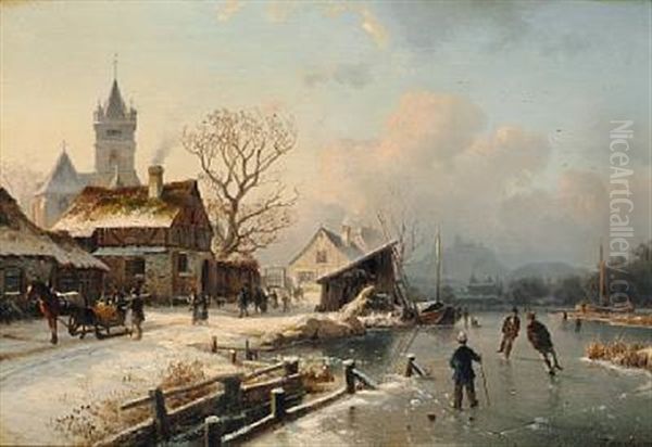 Winter Day Near The Village Church With Ice-skaters On A Frozen River Oil Painting by Johannes Bartholomaeus Duntze