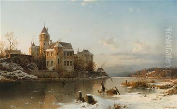 Winterlandschaft Mit Figuren Vor Einer Burg Oil Painting by Johannes Bartholomaeus Duntze