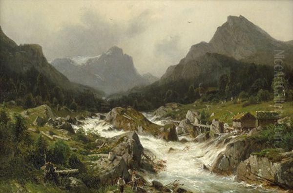 Norwegische Gebirgslandschaft Mit Wasserfall, Im Vordergrund Zwei Angler Oil Painting by Johannes Bartholomaeus Duntze