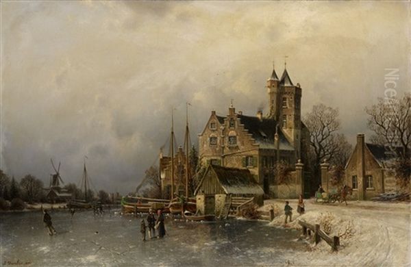 Winterlandschaft Mit Burg An Einem Zugefrorenem Kanal Oil Painting by Johannes Bartholomaeus Duntze