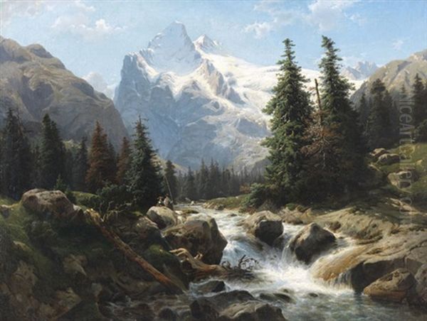 Blick Auf Das Wetterhorn Von Der Ortschaft Zweilutschinen Aus Gesehen Oil Painting by Johannes Bartholomaeus Duntze