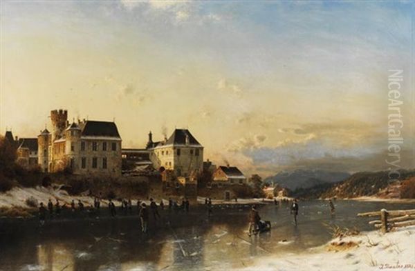 Flusslandschaft Mit Winterfreuden Am Schlos Oil Painting by Johannes Bartholomaeus Duntze