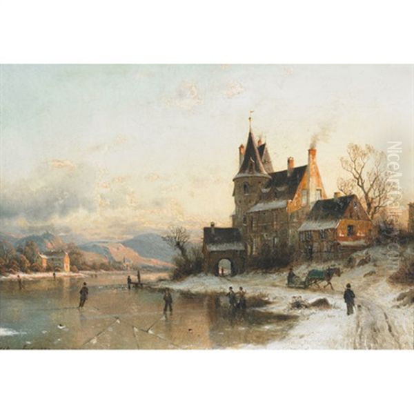 Villagers Skating On A Frozen Pond Oil Painting by Johannes Bartholomaeus Duntze