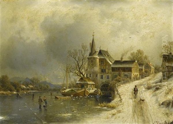 Winterliche Landschaft Mit Schlittschuhlaufern Auf Gefrorenem See Oil Painting by Johannes Bartholomaeus Duntze