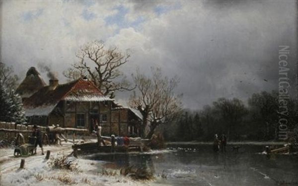 Winter Scene With Figures On A Frozen Lake by Johannes Bartholomaeus Duntze