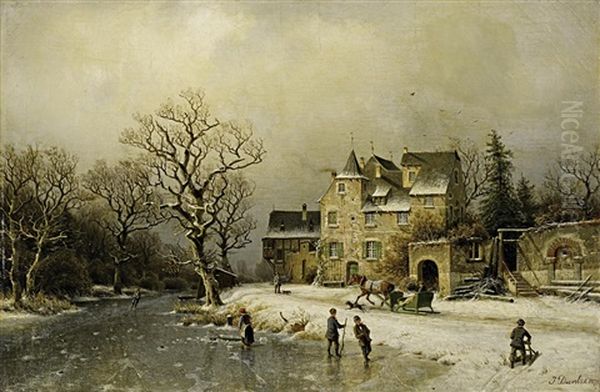 Winterlandschaft Mit Schlittschuhlaufern Und Einem Herrschaftlichen Anwesen Oil Painting by Johannes Bartholomaeus Duntze