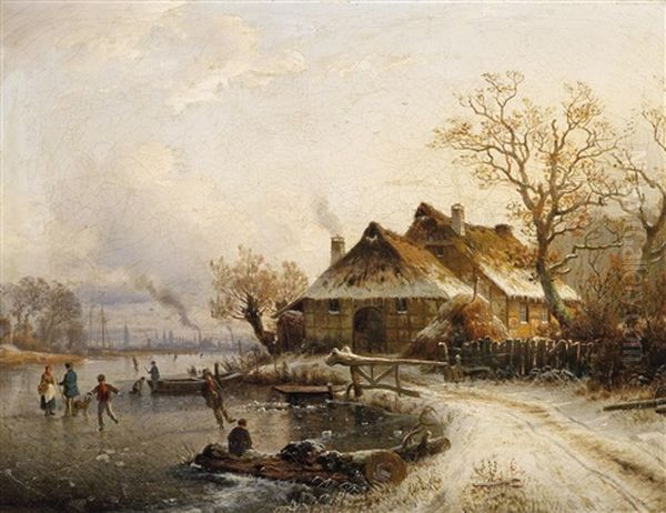 Winterlandschaft Mit Personen Auf Dem Eis Oil Painting by Johannes Bartholomaeus Duntze