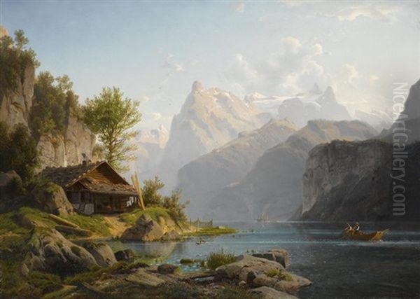 Vue De L'urirothstock Prise De Brunnen Oil Painting by Johannes Bartholomaeus Duntze