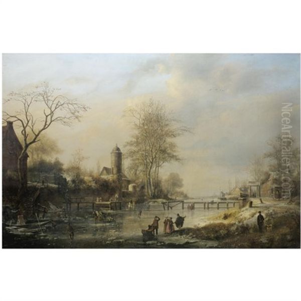 Figures On A Winter Landscape Oil Painting by Johannes Bartholomaeus Duntze