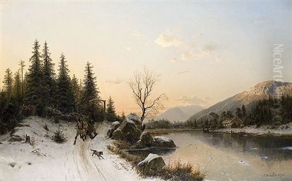 Schlittenfahrt Am See Oil Painting by Johannes Bartholomaeus Duntze