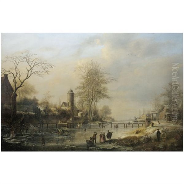 Figures On A Winter Landscape Oil Painting by Johannes Bartholomaeus Duntze