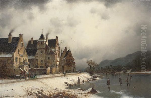 Skaters On A Winter Waterway Oil Painting by Johannes Bartholomaeus Duntze