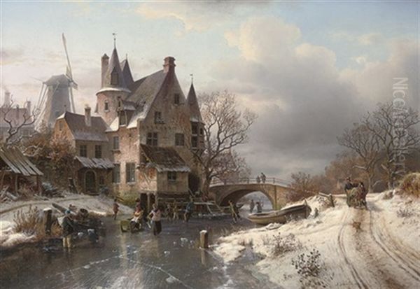 Skaters At A Dutch Hamlet Oil Painting by Johannes Bartholomaeus Duntze