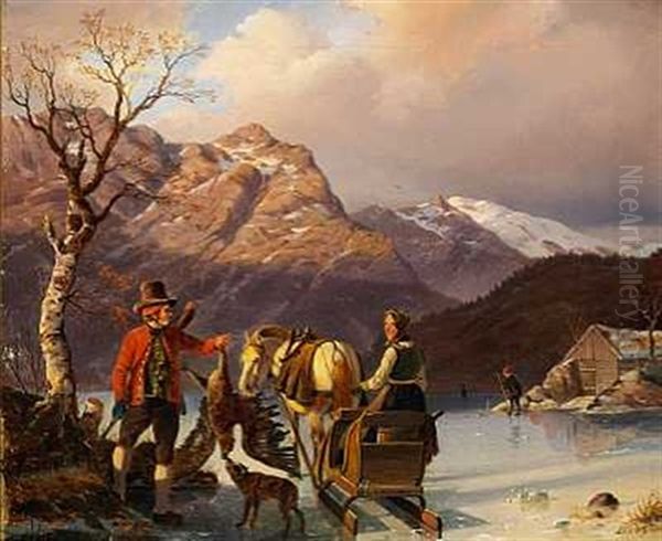 Norsk Vinterlandskab Med Personer Pa En Tilfrosset So Oil Painting by Johannes Bartholomaeus Duntze