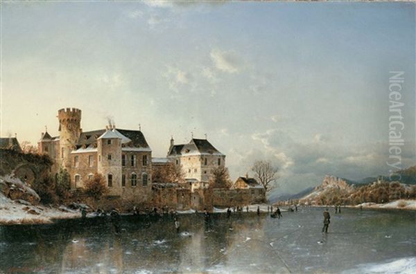 Winterlandschaft Mit Einer Burg An Zugefrorenem Gewasser Oil Painting by Johannes Bartholomaeus Duntze