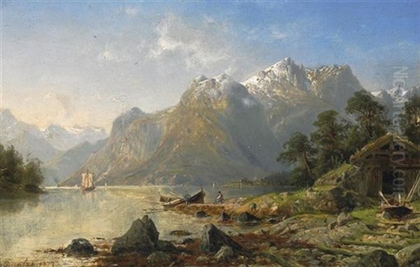 Der Fjord Von Romsdalen In Norwegen. Vorn Am Ufer Fischer Vor Ihrer Kate Oil Painting by Johannes Bartholomaeus Duntze