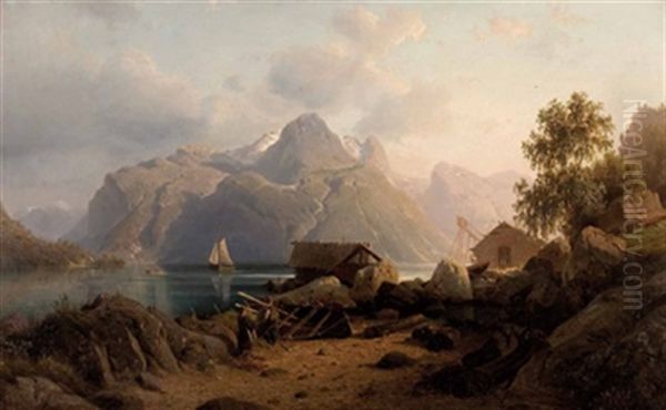 Norwegische Fjordlandschaft Im Abendlicht Oil Painting by Johannes Bartholomaeus Duntze