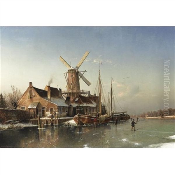 A Winter Landscape With A Mill On A Frozen River Oil Painting by Johannes Bartholomaeus Duntze