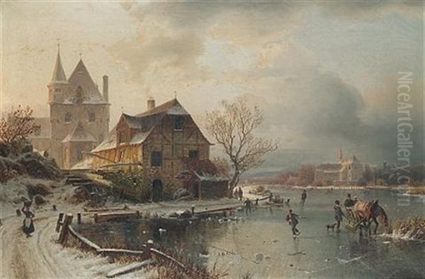 Figures Skating On A Frozen Lake Oil Painting by Johannes Bartholomaeus Duntze