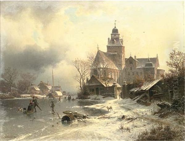 Skaters In A Frozen Winter Landscape Oil Painting by Johannes Bartholomaeus Duntze