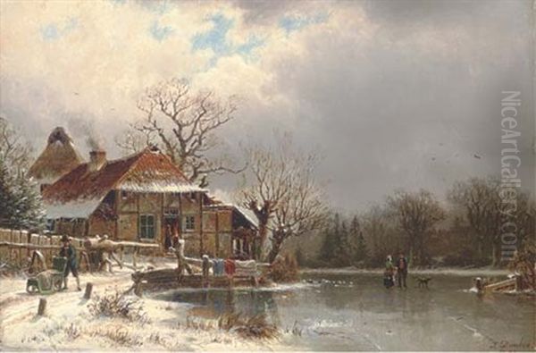 Figures At A Cottage On A Frozen Waterway Oil Painting by Johannes Bartholomaeus Duntze