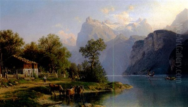 Blick Auf Den Vierwaldstatter See An Einem Prachtvollen Sommertag Mit Gehoft Und Vieh Am Ufer Oil Painting by Johannes Bartholomaeus Duntze