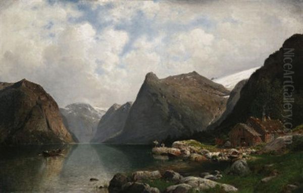 Partie Vom Tolsterwasser Am Sondfjord. Am Ufer Fischende Angler Vor Einer Holzhutte Oil Painting by Johannes Bartholomaeus Duntze