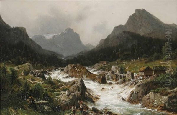 Norwegische Landschaft Mit Wasserfall, Im Vordergrund Zwei Angler Oil Painting by Johannes Bartholomaeus Duntze