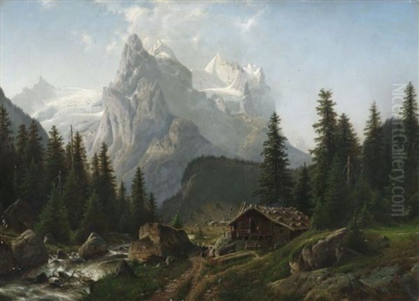 Sennhutten Im Hochgebirgstal Oil Painting by Johannes Bartholomaeus Duntze