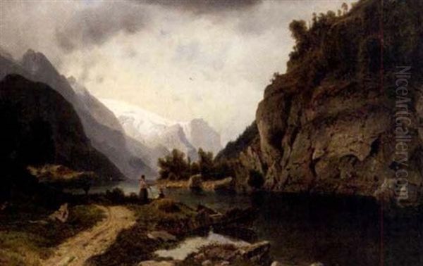 Vestlandsfjord Oil Painting by Johannes Bartholomaeus Duntze