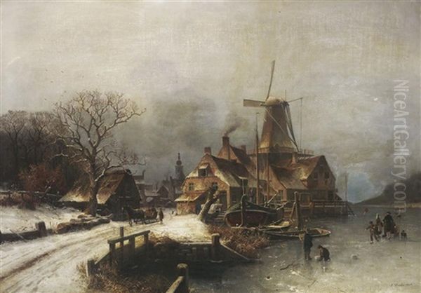 Verschneites Hollandisches Dorf Am Fluss Oil Painting by Johannes Bartholomaeus Duntze