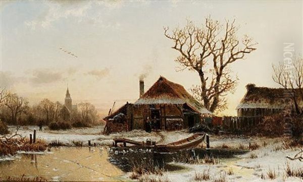 A Winter Twilight Oil Painting by Johannes Bartholomaeus Duntze